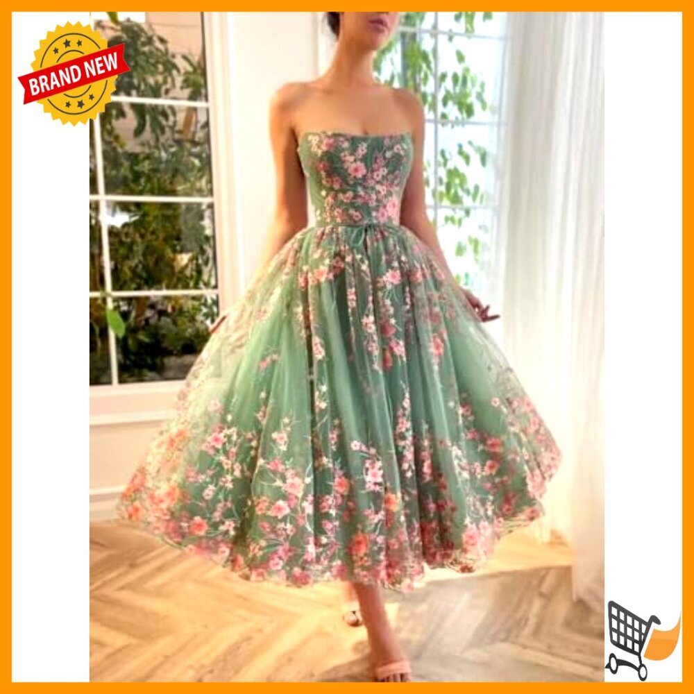 Strapless Tea Length Prom Dress with Pocket Floral Tulle Ball Gown - Picture 4 of 5